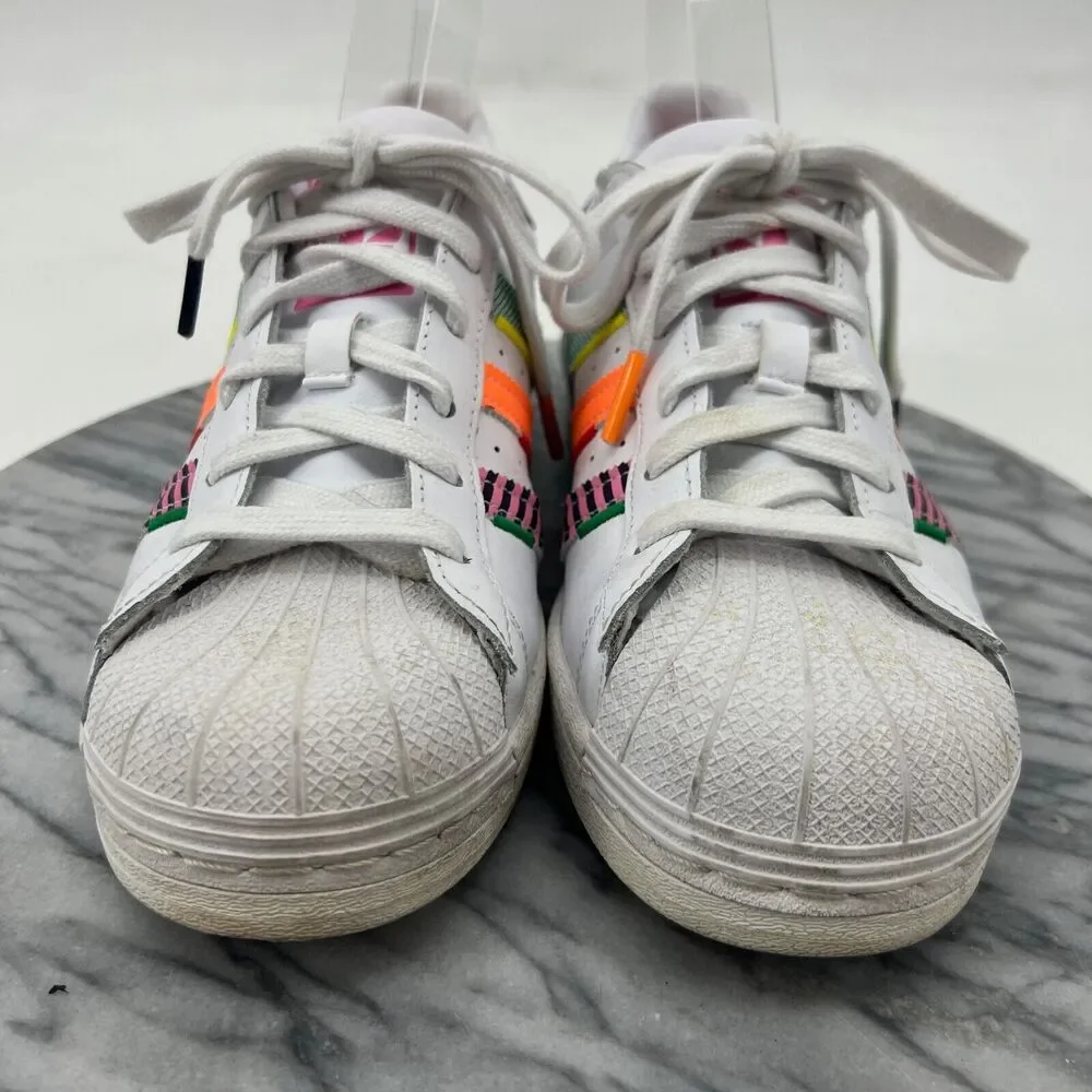 Adidas Mens 7.5 Superstar Shoe White Leather Multi Jagged Shell Toe‎ Sneaker
